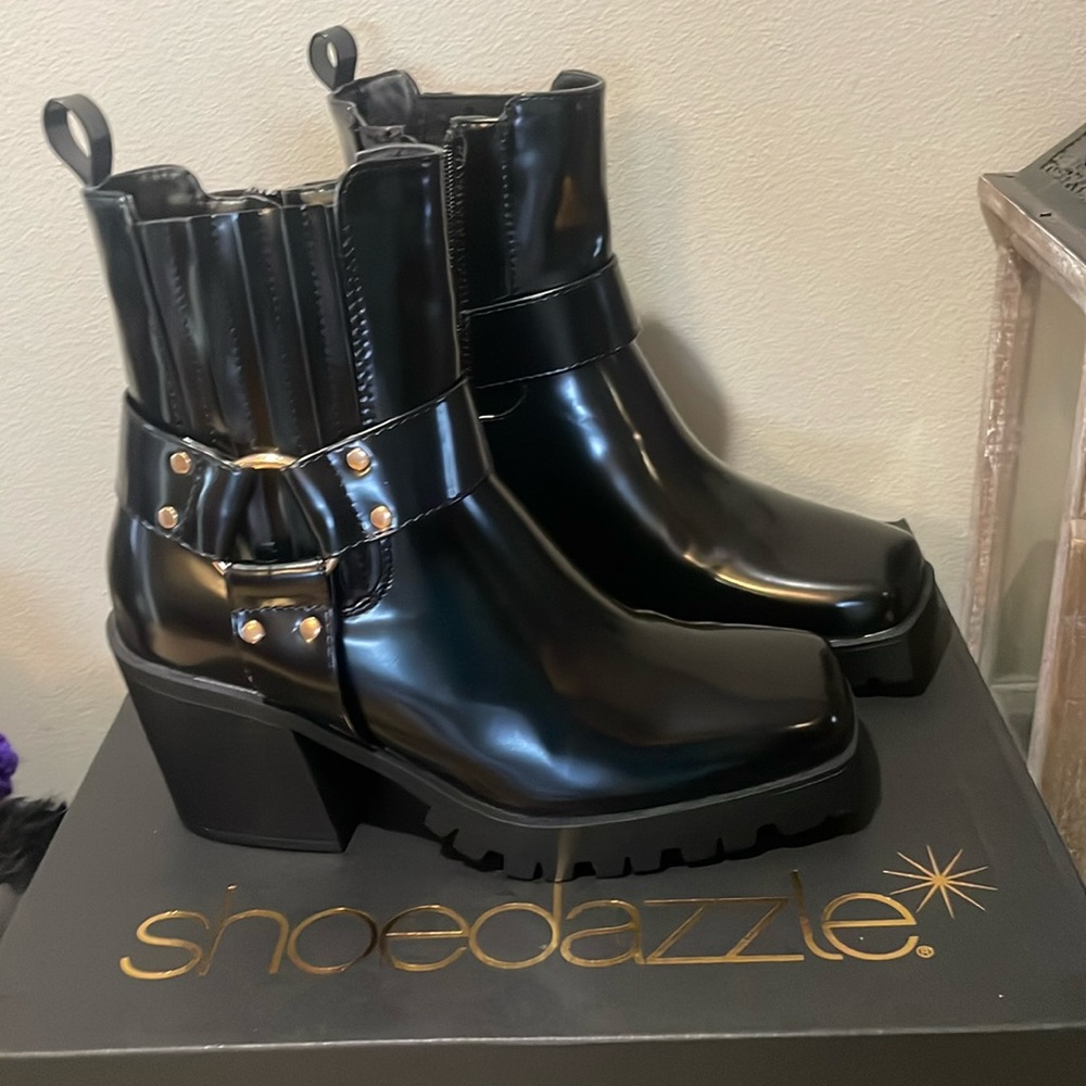 Shoedazzle Patent Leather Square Toed Boots